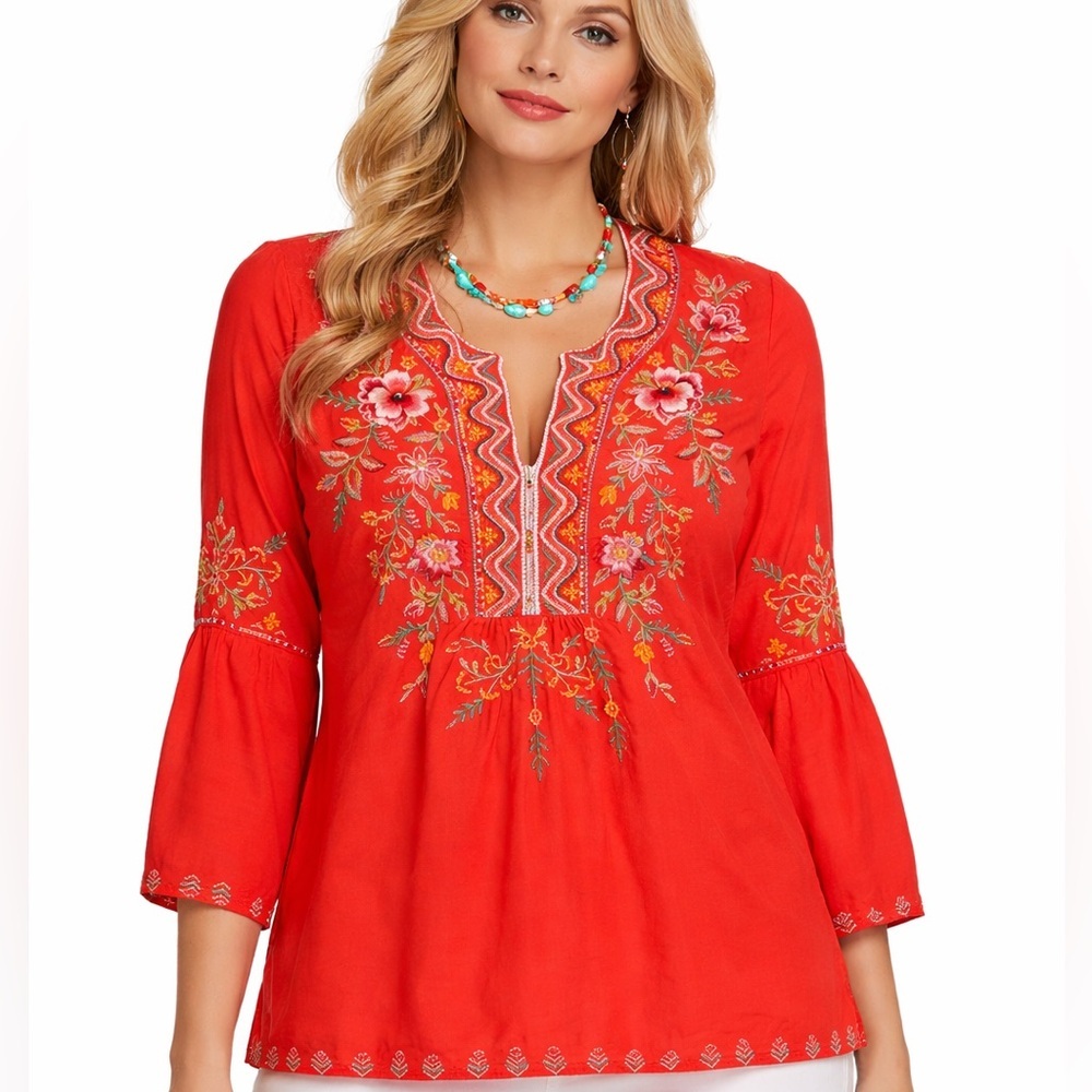 Johnny Was heavily embroidered Alise flair sleeve blouse NWT